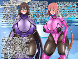 abs angry aware blue_eyes blush bodysuit brown_hair hard_translated koma milf mole mother_and_daughter multiple_girls muscle_girl original pink_hair text translated yellow_eyes