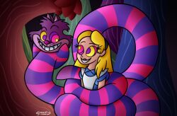  alice alice_in_wonderland blonde_hair bow cat cheshire_cat coils happy_trance hypnotic_eyes kaa_eyes smile snakeythingy 