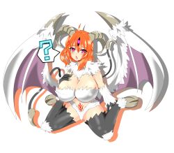 absurdres black_sclera blush body_markings breasts cleavage command_seal confused eldritch eye_color_change fate/grand_order fate_(series) femsub horns kneeling large_breasts long_hair orange_hair pink_eyes possession ritsuka_fujimaru_(female) shub-niggurath simple_background sitting speech_bubble spiralwash_eyes syoumutyu tail tattoo third_eye white_background wings