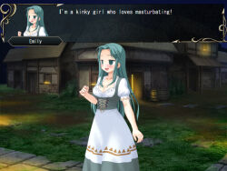 blue_eyes blue_hair blush cleavage emily_(slaver&#039;s_quest) empty_eyes femsub happy_trance maledom open_mouth preview screenshot slaver&#039;s_quest smile text video_game xenon3131_mc 
