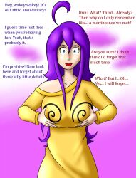 blue_eyes breasts changer curly_hair female_only femdom groping holding_breasts hypno-tan hypnotic_breasts large_breasts looking_at_viewer open_mouth original pov pov_sub purple_hair sweater text