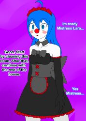 absurdres ahoge bare_shoulders blue_eyes blue_hair blush clown collarbone dialogue disguised_hypnotist empty_eyes expressionless femdom femsub gloves long_hair maid maid_headdress open_mouth opera_gloves original sasha_smiles simple_background standing standing_at_attention text