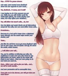  arms_above_head bluefield brown_hair caption cradily_(manipper) d.va empty_eyes female_only femsub gloves long_hair manip overwatch panties smile sweat text underwear 
