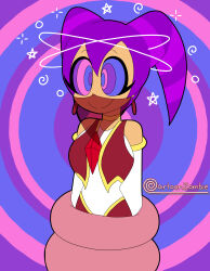  alternate_costume altrix_(altrixwrites) androgynous androgynous_sub bare_shoulders cartoonzombie choker coils costume earrings femdom happy_trance harem_outfit jester nights nights_into_dreams non-binary non-binary_sub original restrained smile spiral spiral_background spiral_eyes symbol veil 
