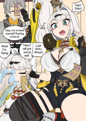  accidental_hypnosis ahoge aura blush breasts cleavage closed_eyes clothed comic dialogue english_text eye_color_change femsub fingerless_gloves floating ghost gloves grey_hair kneeling large_breasts long_hair maledom open_mouth possession short_hair speech_bubble surprised sweat talisman text thighs vel white_hair wise_(zenless_zone_zero) yixuan_(zenless_zone_zero) zenless_zone_zero 