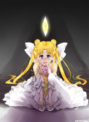  blonde_hair blue_eyes chin_hold dress drool femsub hypnotic_eyes kneeling maledom open_mouth prince_demande sailor_moon sailor_moon_(series) tears twintails unhappy_trance very_long_hair 