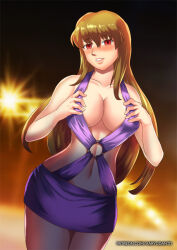  blush breasts brown_hair cleavage empty_eyes female_only femsub gradient_background hadant happy_trance large_breasts long_hair mai-hime midriff navel shizuru_fujino signature simple_background solo watermark 