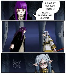  border clothed comic crossover dialogue elf elf_ears english_text eye_color_change femsub fern_(frieren:_beyond_journey's_end) frieren frieren:_beyond_journey's_end green_eyes jujutsu_kaisen long_hair lylanyone maledom multiple_eyes possession red_eyes ryomen_sukuna signature speech_bubble staff text twintails white_hair 