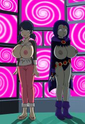  animated animated_gif blue_eyes blue_hair breasts dc_comics discolored_nipples expressionless femsub grey_skin huge_breasts hypnotic_screen maledom marinette_dupain-cheng miraculous_ladybug multiple_girls open_mouth p.chronos purple_eyes raven spiral super_hero teen_titans torn_clothes twintails western 