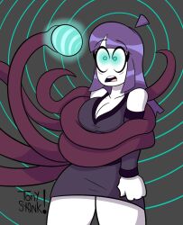  ahoge bangs bare_shoulders bondage breasts cleavage clothed coils dress eyebrows_visible_through_hair femsub glowing glowing_eyes halloween hypnotic_eyes hypnotic_tentacle large_breasts lila_(sr_pelo) long_hair milf monster open_mouth original purple_hair shrunken_irises skirt spiral_background spiral_eyes standing straight-cut_bangs surprised symbol_in_eyes tentacles thick_thighs tongue tonyst0nk unhappy_trance white_skin 