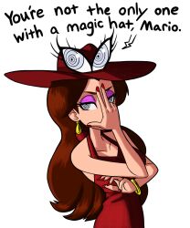 breasts brown_hair bullskeydango dress earrings female_only femsub hat hypnotic_clothing jewelry large_breasts nail_polish nintendo pauline possession ring_eyes solo super_mario_bros. symbol_in_eyes text white_background