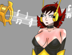  absurdres breasts cleavage clothed expressionless femsub grey_background horn horn_of_hypnos hypnotic_music instrument large_breasts marvel_comics music open_mouth red_hair short_hair shrunken_irises shysketches simple_background solo super_hero w.i.t.c.h wasp 