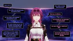 3d aliensdideverything_(manipper) dialogue expressionless female_only femdom femsub glasses glasses_on_head honkai_star_rail kafka_(honkai_star_rail) large_breasts long_hair manip purple_hair shikasaga speech_bubble text whitewash_eyes