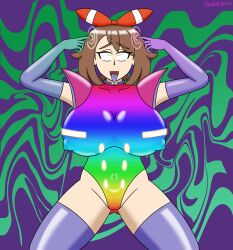 ahegao bow brown_hair collar female_only femsub gloves glowing hair_band leggings leotard malamar_outfit may nintendo nipples opera_gloves pokemon pokemon_omega_ruby_and_alpha_sapphire short_hair shoulder_pads tongue_out usakiki yellow_eyes