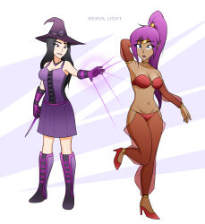  absurdres black_hair body_control boots breasts dark_skin drool elf_ears empty_eyes expressionless female_only femdom femsub genie glowing glowing_eyes hat human_puppet jewelry long_hair mina_morgan_(somebodyiusedtohypno) nexus_light open_mouth original ponytail puppet purple_hair shantae shantae_(series) smile underwear very_long_hair witch witch_hat 