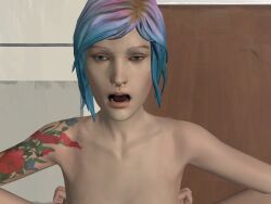 3d blue_eyes blue_hair bottomless chloe_price expressionless kiseren life_is_strange nude open_mouth short_hair topless
