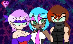  alternate_color_scheme alternate_costume arm_warmers ayane_(dead_or_alive) bare_shoulders blue_hair brown_hair cleavage collarbone dead_or_alive eyebrows_visible_through_hair eyelashes femdom femsub glasses green_eyes happy_trance headband hypnoscream large_breasts malesub mask multiple_subs nico_(dead_or_alive) ninja ninja_gaiden open_mouth ponytail purple_hair ring_eyes ryu_hayabusa scarf shiny_hair short_hair simple_background spiralwash_eyes tie 