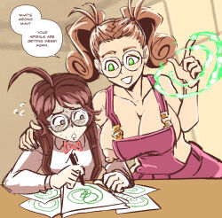 ahoge blush bow_tie breasts_outside brown_eyes brown_hair cleavage clothed collarbone female_only femdom femsub glasses green_eyes hypnotic_hands large_breasts long_hair majinsfw mimi_(cyanstargazer) nipples original poma_(majinsfw) shirt sitting smile sweat symbol_in_eyes table teacher teacher_dom text twintails