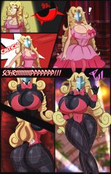 absurdres ass_expansion before_and_after black_skin blonde_hair bow_tie breast_expansion bunny_ears bunnysuit cleavage comic control_indicator cuffs dress drill_hair fake_animal_ears fake_tail female_only femsub fishnets gameplay_mechanics hand_on_hip hourglass_figure huge_ass huge_breasts hypnotic_accessory leggings light_skin mask mtvoomer original persona_(series) persona_5 princess princess_caelia_(kachopper9) ribbon shadow_bunny standing surprised tagme text torn_clothes very_long_hair