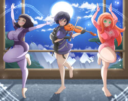  absurdres atom_eve barefoot black_hair blush bodysuit breasts caramel-sheep dancing drool dupli-kate empty_eyes feet female_only femdom femsub fingerless_gloves happy_trance hypnotic_music invincible large_breasts long_hair multicolored_hair multiple_girls multiple_subs music night one_eye_open open_mouth orange_hair purple_hair red_hair reina_mishima ring_eyes short_hair straight-cut_bangs super_hero tekken tiptoes wink 