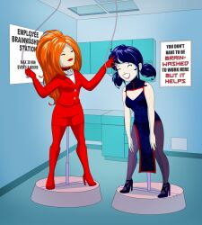 blue_hair brain_injection business_suit cables china_dress collar consensual dina-m ember_rouge_(thf772) femdom femsub happy_trance high_heels marinette_dupain-cheng miraculous_ladybug original pantyhose red_hair tech_control text twintails
