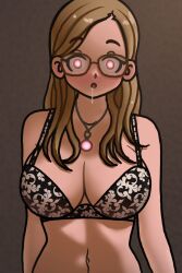  absurdres ahoge blush bra breasts brown_hair cleavage drool expressionless eyebrows_visible_through_hair female_only femsub glasses glowing_eyes httpwwwcom huge_breasts large_breasts lingerie long_hair navel open_mouth original pink_eyes pov pov_dom solo tagme unaware underwear 