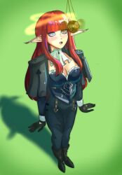  absurdres blush boots breasts cleavage clothed coin drool eiselin_burchelli_meijal_hulkenberg elf_ears femsub gloves happy_trance long_hair metaphor:refantazio outdoors pendulum red_hair smeef spiral spiralwash_eyes standing standing_at_attention video_game 
