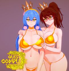  bikini blue_hair breast_expansion breasts brown_hair female_only femsub gold golden_swimsuit groping hypnotic_accessory hypnotized_hypnotist jasmine_(anno) jasmine_(nettleseeds) june_summers_(thehguy) koikatsu! large_breasts original thehguy 