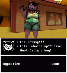  3d animal_ears bbw before_and_after bigazztreat catty_(undertale) deltarune femsub furry hair_clips jewelry necklace paws tagme tail text undertale 