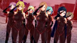  3d alice_(sword_art_online) asuna barcode black_hair blonde_hair blue_hair blush bodysuit boots brown_hair collar elf_ears empty_eyes erect_nipples face_paint female_only femsub gloves hair_ornament happy_trance high_heels koikatsu! large_breasts leafa lisbeth long_hair moawi1 multiple_girls multiple_subs navel orange_hair pink_hair ponytail red_eyes rubber saluting see-through short_hair side_ponytail silica sinon_(sword_art_online) small_breasts smile standing standing_at_attention sword_art_online tattoo tight_clothing very_long_hair yui_(sword_art_online) 