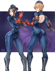 arm_bands ass bodysuit boots brown_eyes brown_hair capcom expressionless femsub fingerless_gloves gloves hat juaagacgy juli juni leotard m._bison multiple_girls multiple_subs muscle_girl orange_eyes orange_hair shadaloo_dolls short_hair shoulder_pads signature street_fighter tie tied_hair white_background