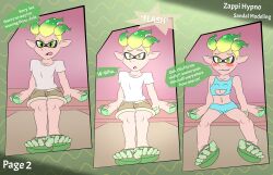  before_and_after blush comic dazed dialogue domedvortex feet femboy happy_trance hypnotic_light inkling male_only malesub navel nintendo open_mouth original sandals sitting smile speech_bubble splatoon text zappi_(domedvortex) 