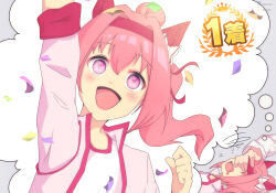 altered_perception animal_ears blush closed_eyes dream female_only femsub flat_chest gojulas hair_buns hair_ribbon hand_on_head happy_trance haru_urara headband horse_girl hypnovember jacket long_hair looking_at_viewer lying open_mouth pink_eyes pink_hair ponytail shirt smile sportswear symbol_in_eyes thought_bubble uma_musume