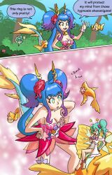 alternate_costume androgynous_sub antenna_(biology) bappy_(hypnolandom) bare_legs bare_shoulders barefoot blue_eyes blue_hair bracelet breasts chicken_dance chicken_pose cleavage cygames dialogue dragalia_lost dragon_girl elf_ears english_text fairy feet femdom femsub floating flower green_eyes green_hair horns jewelry large_breasts lying multicolored_eyes multiple_subs mythkaz nintendo original outdoors ring siren_(dragalia_lost) smug speech_bubble spiralwash_eyes text trees