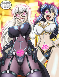 absurdres blonde_hair bodysuit breasts corruption cosplay crotch_tattoo fate/grand_order fate_(series) female_only femdom financial_domination glasses gloves goddess happy_trance harness heterochromia hypnotized_dom ishtar_(fate/grand_order) jaclyn_(corruptionprincess) large_breasts long_hair luna_sapphirestar_(lunabunnylili) multicolored_hair original pink_eyes pov_sub scathach_(fate/grand_order) smile tattoo text white_hair zorro-zero