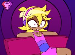  aged_up ahoge alternate_color_scheme bare_shoulders bisexual blonde_hair choker collarbone couch dark_skin expressionless eyebrows_visible_through_hair headphones hypnoscream len_kagamine malesub pink_eyes pov_dom pride_colors ring_background shiny_hair shiny_skin shorts shrunken_irises sitting solo tank_top vocaloid 
