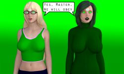 3d blonde_hair cat_nap_(hypnolordx) dialogue female_only femsub glasses green_eyes green_hair kathy_(theheckle) original sweater tech_control text theheckle
