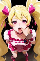  ai_art blonde_hair chin_hold cure_peach dress empty_eyes femsub hand_on_another&#039;s_cheek looking_at_viewer love_momozono magical_girl open_mouth precure tongue tongue_out twintails 