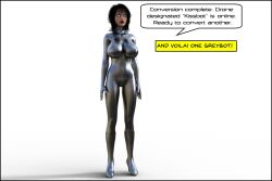  3d black_hair breasts dialogue drone female_only fembot femsub graybot huge_breasts kisstress_(theheckle) large_breasts latex original robot robotization solo text theheckle whitewash_eyes 