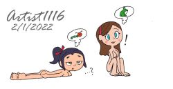 artist1116 barefoot blue_eyes blush bottomless breasts brown_eyes brown_hair dazed disney empty_eyes feet female_only frog gravity_falls happy_trance long_hair lying mabel_pines nude open_mouth pet_play ponytail ring_eyes smile tongue tongue_out topless vanellope_von_schweetz wreck-it_ralph