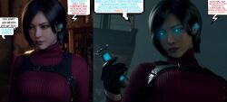  3d absurdres ada_wong before_and_after black_hair blue_eyes dialogue earpiece expressionless femsub gloves glowing_eyes huge_breasts hypnotized_dom indifferent jay-fujin_(manipper) maledom manip red_lipstick resident_evil short_hair speech_bubble sweater tech_control text thought_bubble 