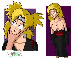 absurdres before_and_after blonde_hair breasts femsub happy_trance loriben1 maledom naruto_(series) open_mouth ponytail short_hair spiral_eyes symbol_in_eyes temari topless