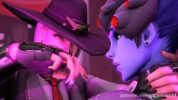  3d animated animated_gif ashe_(overwatch) breasts clothed cowgirl dazed female_only femdom femsub large_breasts long_hair open_mouth overwatch seamless short_hair smile source_filmmaker widowmaker 