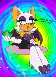  alternate_color_scheme animal_ears auntymoira bat_girl bat_wings blush boots choker cleavage cyan_eyes dialogue drool drugs eyelashes eyeshadow femsub furry gloves high_heels humor hypnotic_food meme orange_skin rouge_the_bat sonic_the_hedgehog_(series) spiral spiral_background text wall_eyed white_hair 