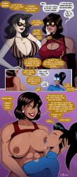  black_hair blueshift_(polmanning) breast_sucking breasts comic corruption female_only femsub glowing_eyes lactation long_hair milf mother_and_daughter polmanning scarlet_smasher_(polmanning) short_hair super_hero text 