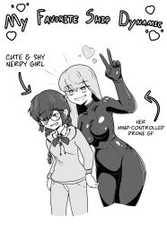  assertive_sub bodysuit dialogue drone dronification female_only femdom femsub glasses greyscale happy_trance heart instzero latex long_hair original smile symbol_in_eyes text yuri 