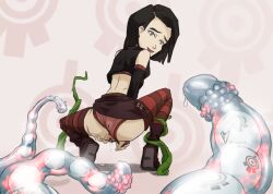 black_hair clothed_exposure code_lyoko coils eggs midriff mirrorra panties plant pussy pussy_juice smile spread_legs spread_pussy squatting symbol_in_eyes tentacles underwear x.a.n.a. yumi_ishiyama
