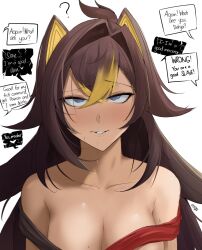  altered_common_sense animal_ears bare_shoulders breasts cleavage dehya_(genshin_impact) dialogue drool empty_eyes english_text eroborne femsub genshin_impact good_sub_conditioning grey_eyes lip_biting long_hair multicolored_hair resisting tagme text white_background 