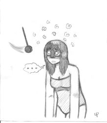 absurdres bikini black_hair blush confused drool empty_eyes femsub greyscale hypel leaning_forward open_mouth original pendulum sketch spiral traditional unhappy_trance white_background