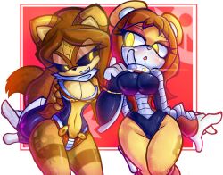  blonde_hair blush breasts character_request eyebrows_visible_through_hair female_only femdom femsub furry gloves leotard open_mouth pstash robot_girl sharp_teeth simple_background smile sonic_the_hedgehog_(series) spiral_eyes sweat tattoo tech_control twins yellow_eyes 
